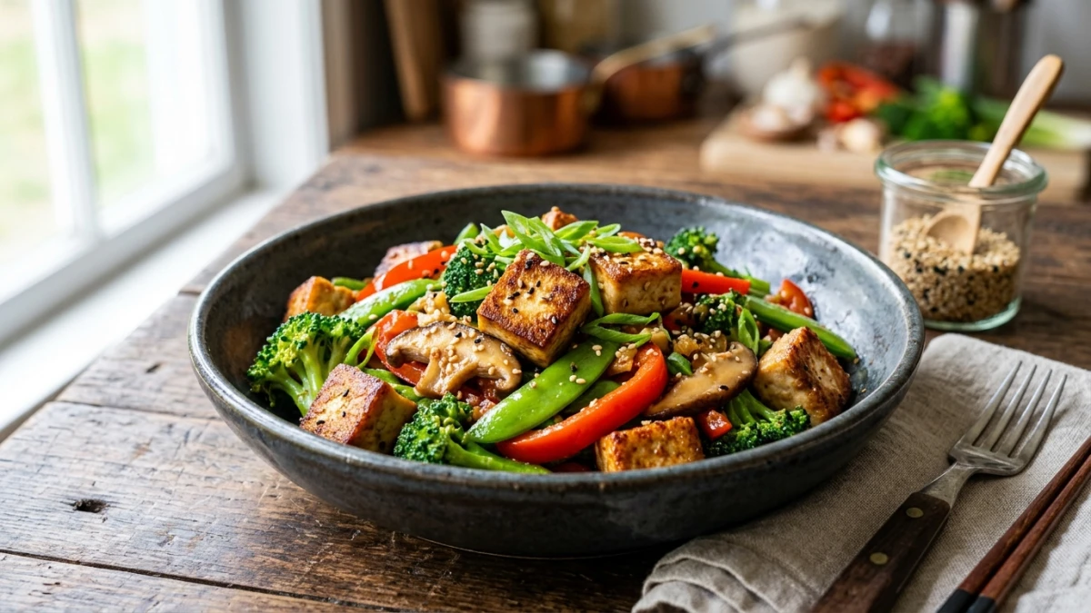 Crispy Ginger Sesame Tofu & Rainbow Stir-Fry
